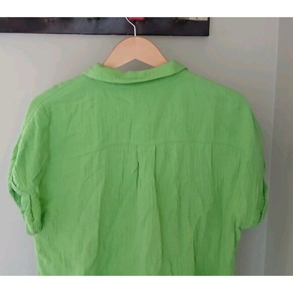 Belle Beach Kim Gravel Button Down Gauzy Shirt Size Large Green S/S Tie Front - Picture 8 of 9